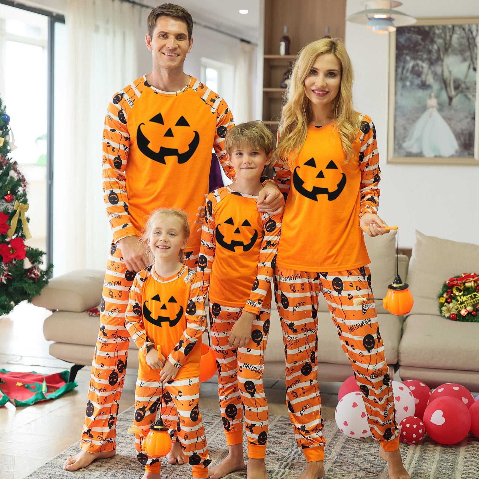 Halloween Fete Porter 2022 Famille Appariement Tenues Gothique Citrouille Imprime Mere Pere Enfants Bebe Famille Look Vetements de Nuit Pyjama Walmart