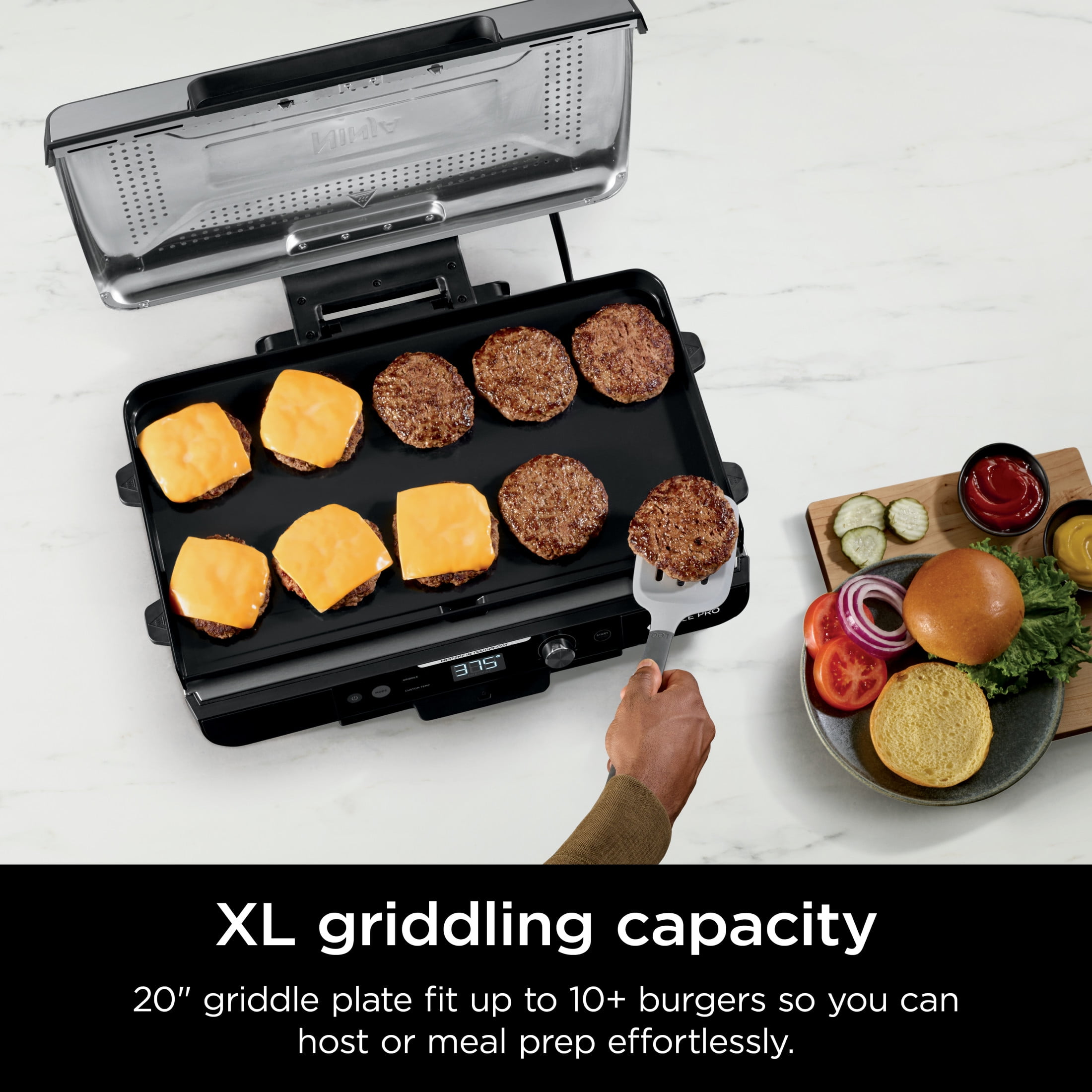 Ninja Sizzle Pro XL 8-Serving Electric Indoor Griddle & Grill, 20-Inch Plates, Edge-to-Edge Heating, GX100, Silver/Black
