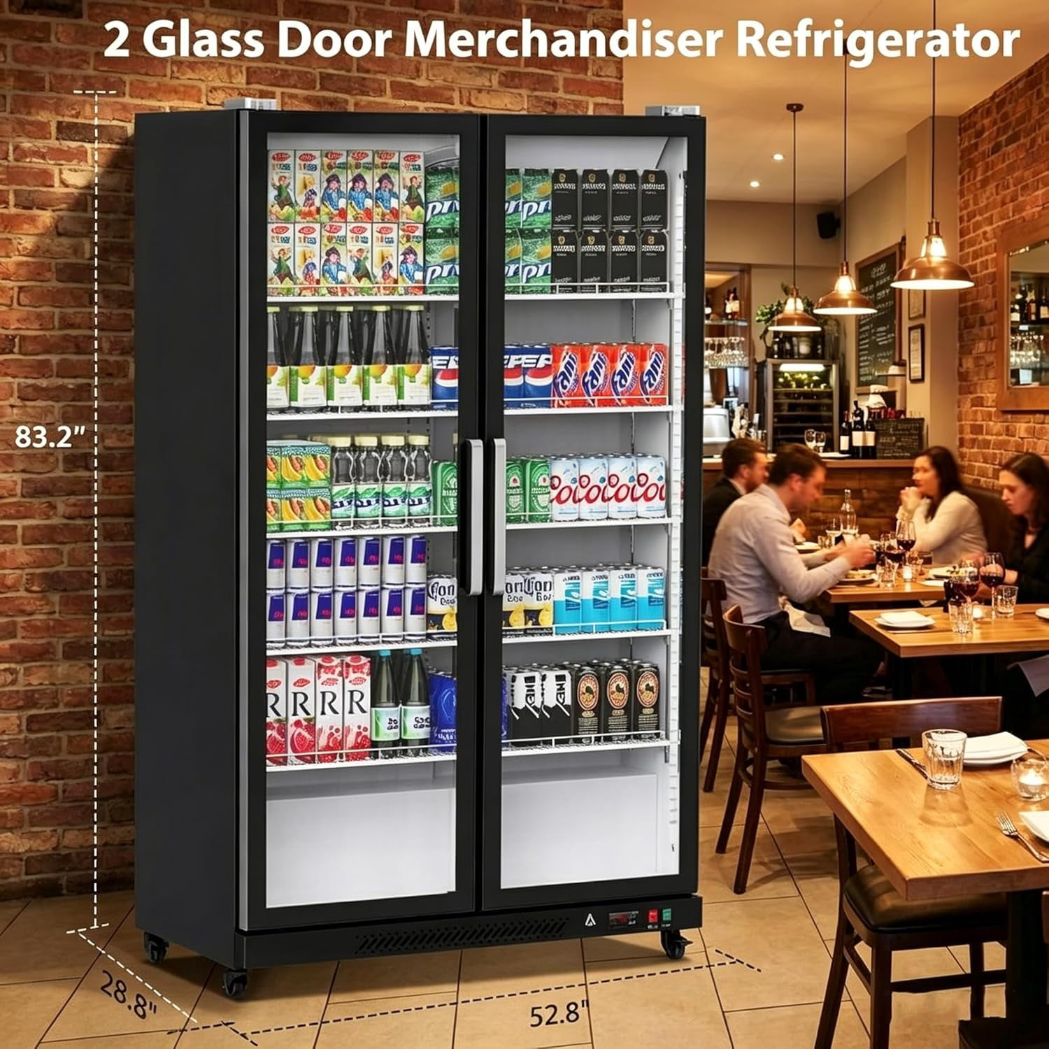IdealHouse 39 cu.ft Commercial Refrigerator with Double Glass Doors – Upright Beverage Display Cooler with LED Lighting, Stainless Steel, Auto-Close Doors & Digital Thermostat