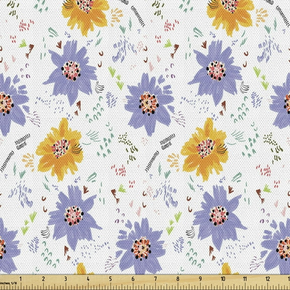 Purple Fabric by the Yard, Spring Nature Garden Summer Plant Themed Multitude Ornamental Flowers, Upholstery Fabric for Dining Chairs Home Decor Accents, White Multicolor by Ambesonne