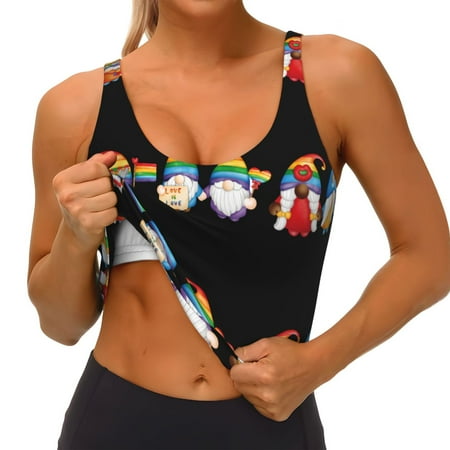 Qokaie Happy Pride Gnome Pattern Womens Scoop Neck Sports Bra Breathable Workout Vest Padded U Back Medium Impact Fitness Gym Yoga Bra Workout Crop Top