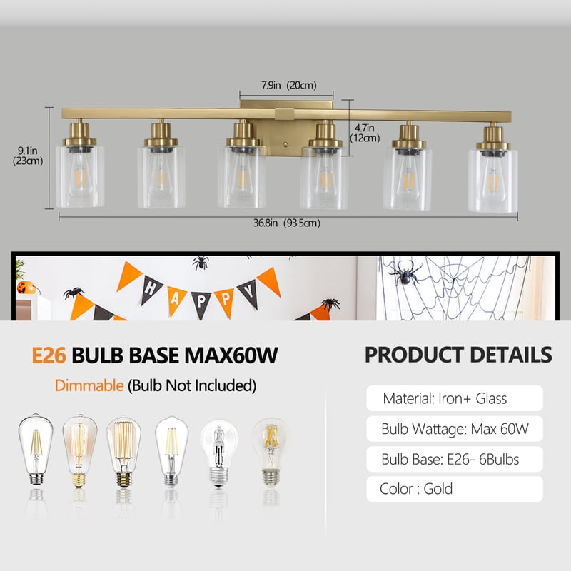 Golden 6-Light Vanity Light with Clear Glass Shades, Modern Iron Metal Bathroom Wall Fixture for Mirror Lamp (No Bulbs)