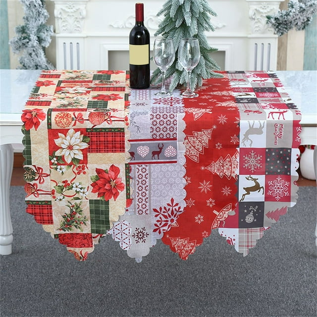 Neinkie Chemin de Table Motif Dessin Animé Texture Fine Résistant à l'Usure Lavable Anti-Décoloration Améliore l'Ambiance Xmas Tree Elk Impression Nappe Ornement de Noël pour la Maison