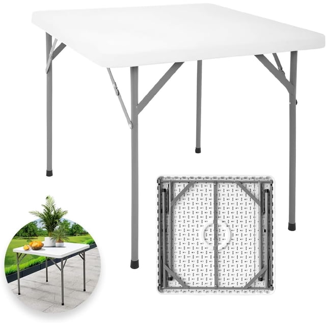 Mesa Plegable Cuadrada de Plastico, Mesa para Interiores y Exteriores, Medidas: 86cm Largo y 74cm Alto, Plastico Reforzado, Soporta 100Kg, Color Blanco