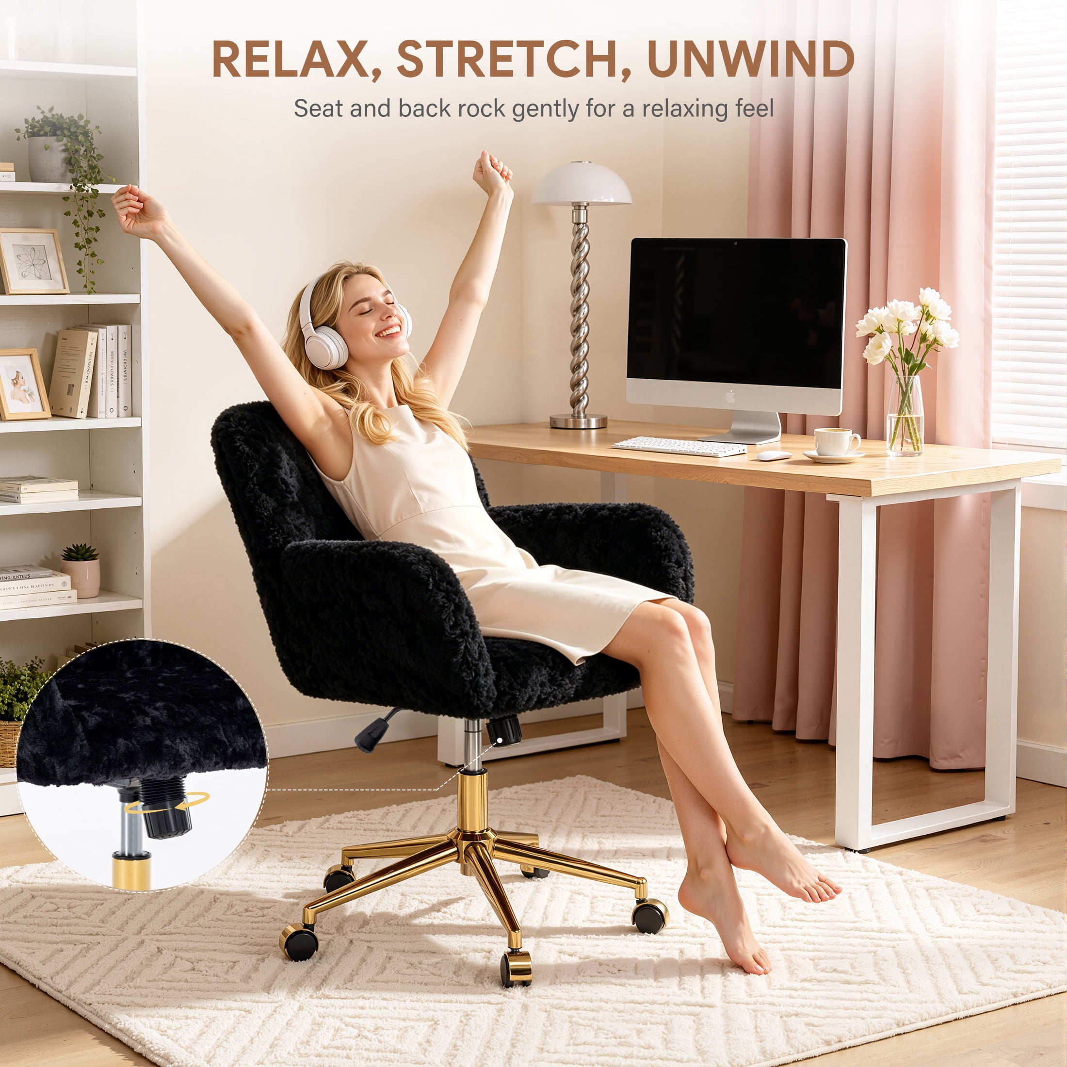 PAPROOS Vanity Chair with Back, Adjustable Swivel Makeup Desk Chair with Wheels and Arms, Fluffy Home Office Task Chair with Artificial Rabbit Hair for Bedroom, Dorm, Study Room, Black