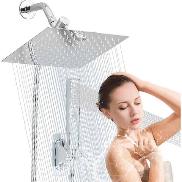 Regaderas para Baño, Cabeza de Ducha de Lluvia Alta Presion y Ducha de Mano de 2 Modos Rociado Ajustable con Soporte, Antifugas, Manguera Plata Regaderas y Baño