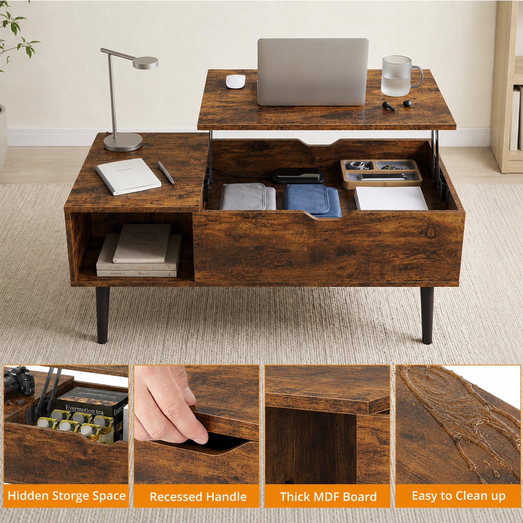 edx Adjustable Height Wooden Coffee Table with Hidden Compartments and Shelves - Perfect for Small Homes, Apartments, Reception Rooms, Rust Brown