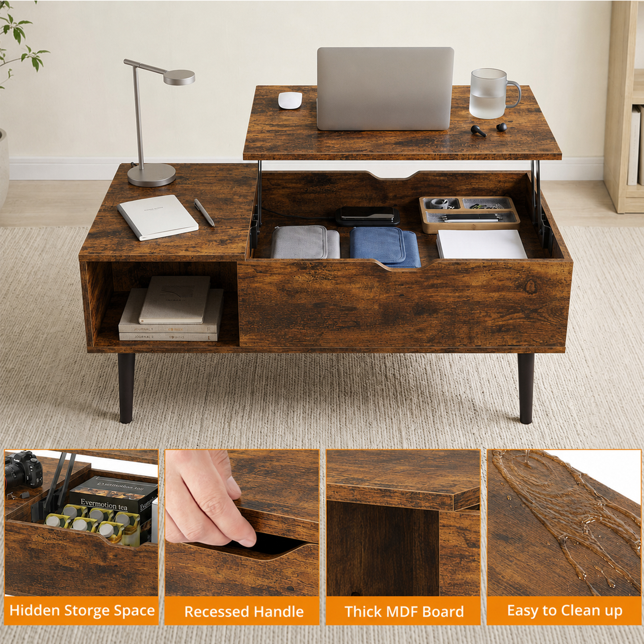 Edx Adjustable Height Lift-Top Coffee Table, Rust Brown photo 6