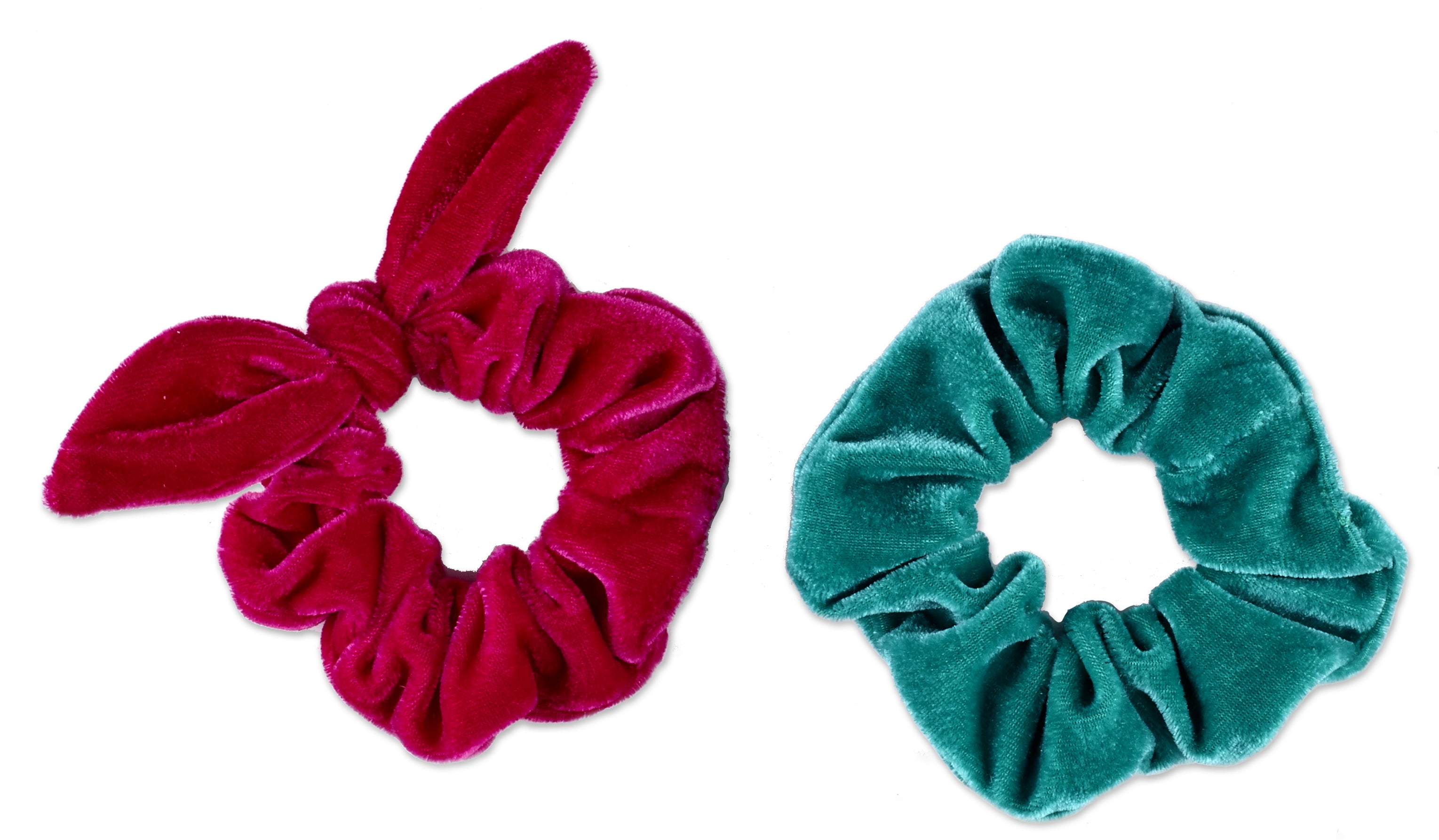 Scunci Original Scrunchies in Velvet Texture in Teal Green and Dark Pink Jewel Tones, 2ct