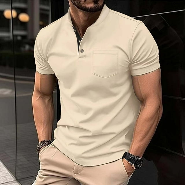 pstuiky camisetas para hombre, Blusa de cuello alto de manga corta con bolsillos y botones de color liso a la moda para hombre ropa de hombre s