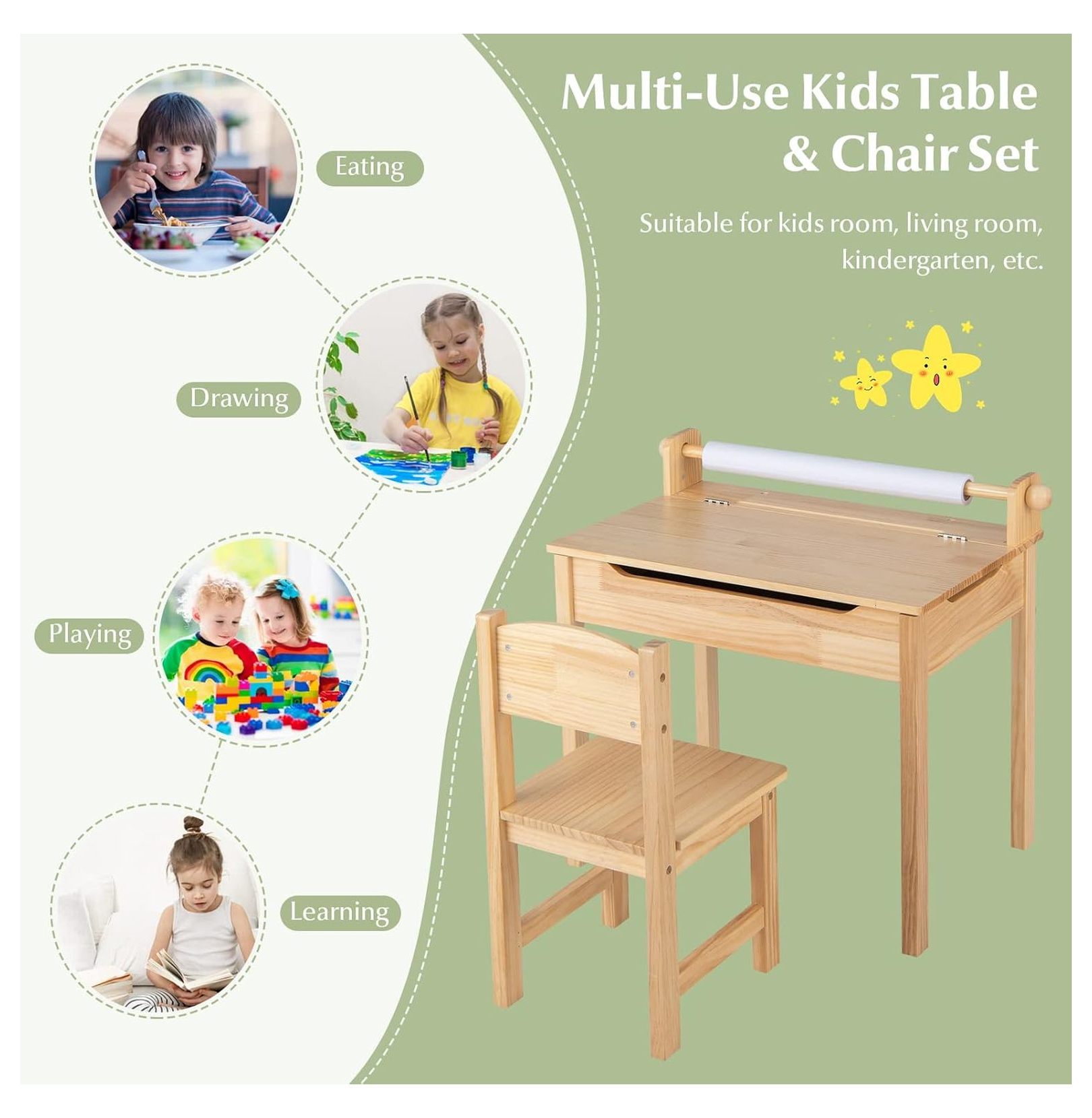 Kids Activity Table Set with Paper Roll Holder and Pen Slot, 21" x 13.5" x 7", Natural 1
