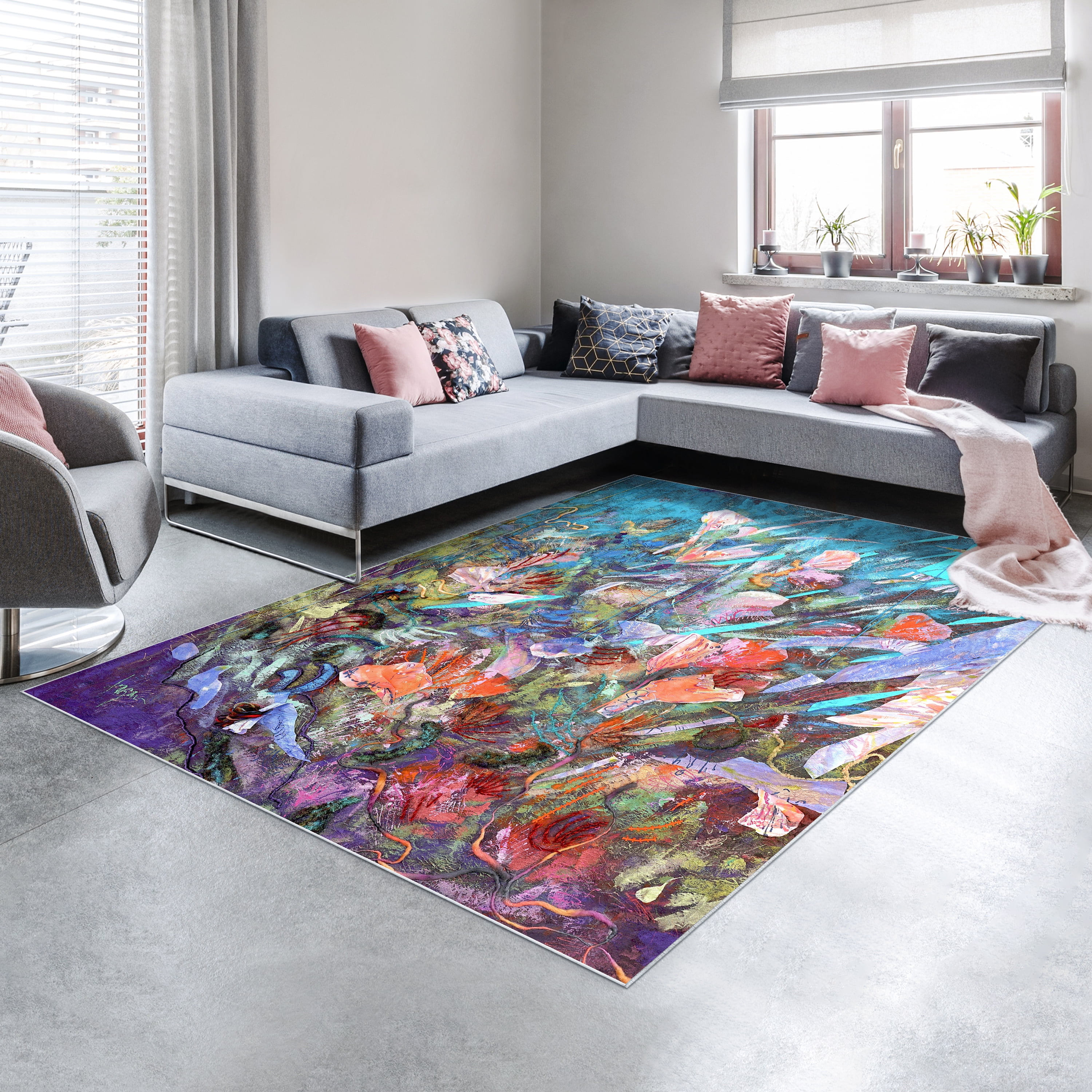 Blue Floral Efflorescence Washable Art Area Rug size 8'x10', Power-loomed, Heavenly Softness with Non-Slipping Backing