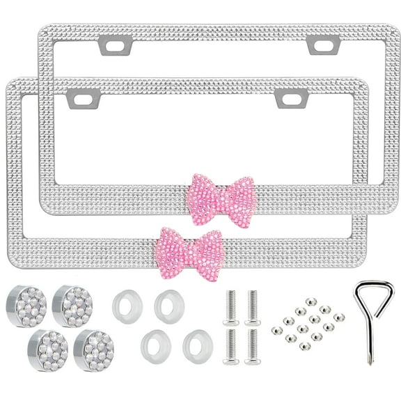 Bling License Plate Frame for Women, 2 Pack Sparkly Diamond Car Tag Covers with Rhinestone Crystals & Glitter Screw Caps, Stainless Steel Girly Auto Accessories, for Her (White Pink Bow)