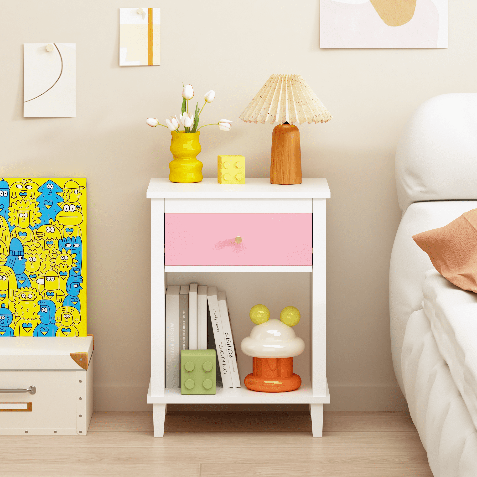 Wooden Nightstand with Drawer & Open Shelf, Pink + White with Golden Handle, Kids Bedside Table for Bedroom