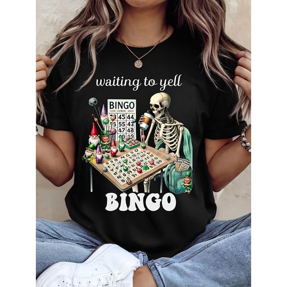 Funny Skeleton Waiting to Yell Bingo Graphic Tee Retro Garden Gnome Lucky Game Night Unisex Cotton T-Shirt Vintage Style Apparel