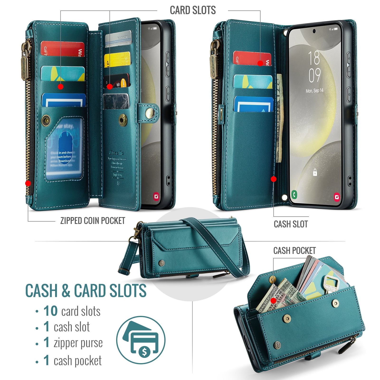 Dteck Crossbody Wallet Case for Samsung Galaxy S25 FE 5G RFID Blocking 10-Card Holder Soft PU Leather Magnetic Snap Strap Zipper Pocket Phone Case Fit for Galaxy S25 FE 6.7",Green