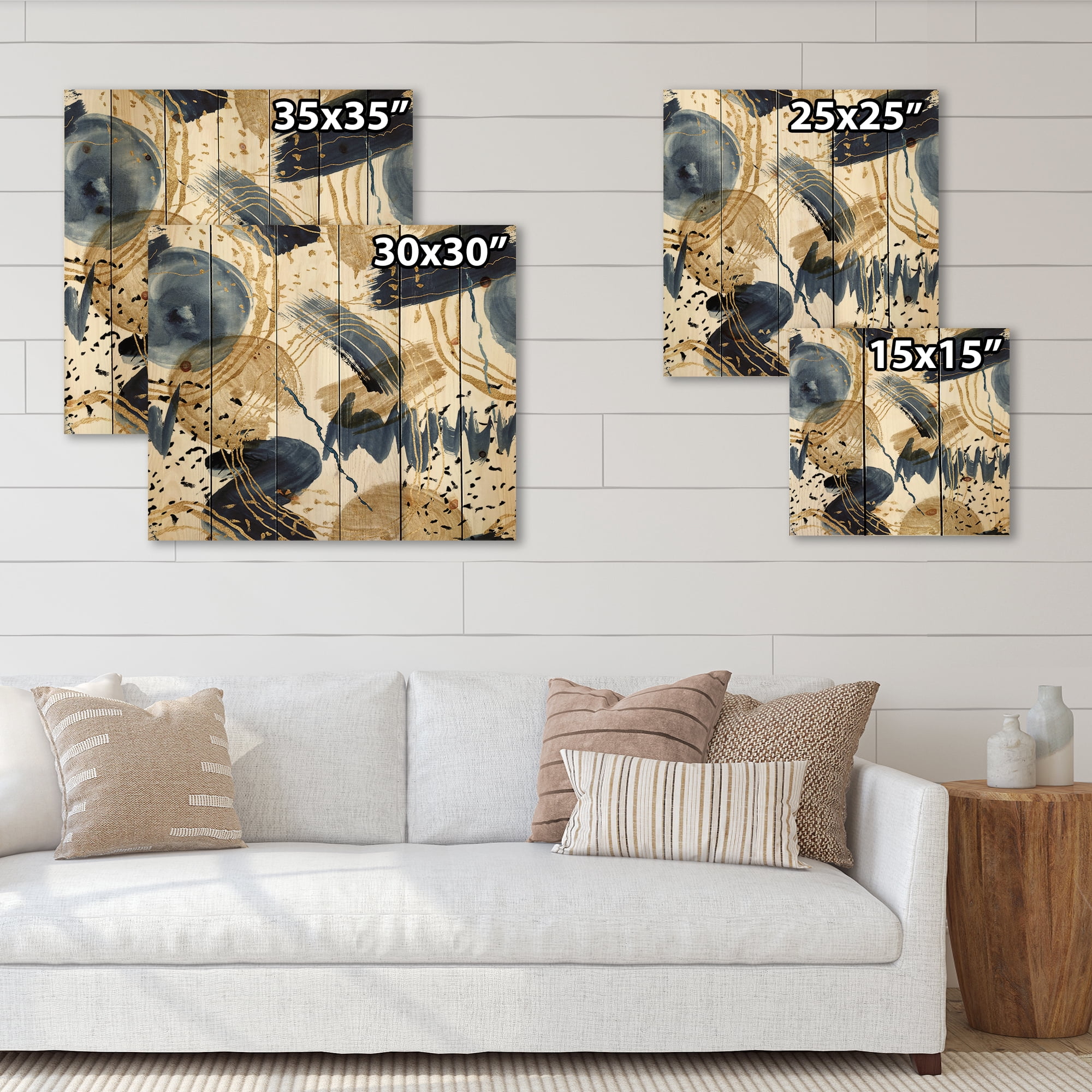 Designart 'Dark Blue & Golden Textures With Abstract Pattern' Modern Print on Natural Pine Wood