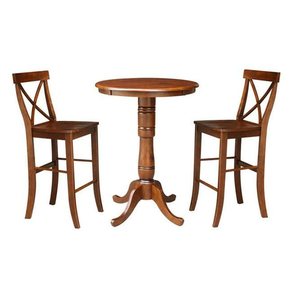 International Concepts K581-30RT-6B-S6133-2 30 in. Round Pedestal Bar Height Table with 2 Stools, Espresso - 3 Piece
