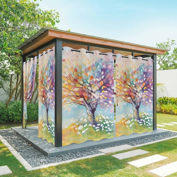 Colorful Tree Life Outdoor Curtains for Patio Waterproof, Grommet Outdoor Privacy Panels, Spring Garden Abstract Wildflowers Weatherproof Outside Curtains for Porch/Cabana 54"Wx95"L, 1 Panel