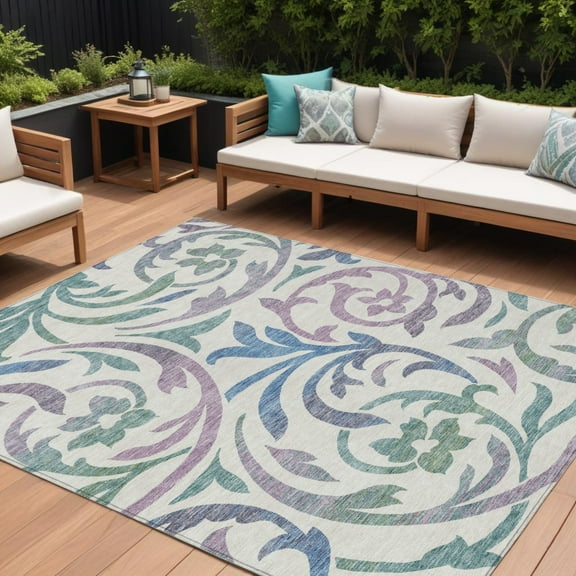 8' X 10' White Purple And Sage Floral Washable Indoor Outdoor Area Rug