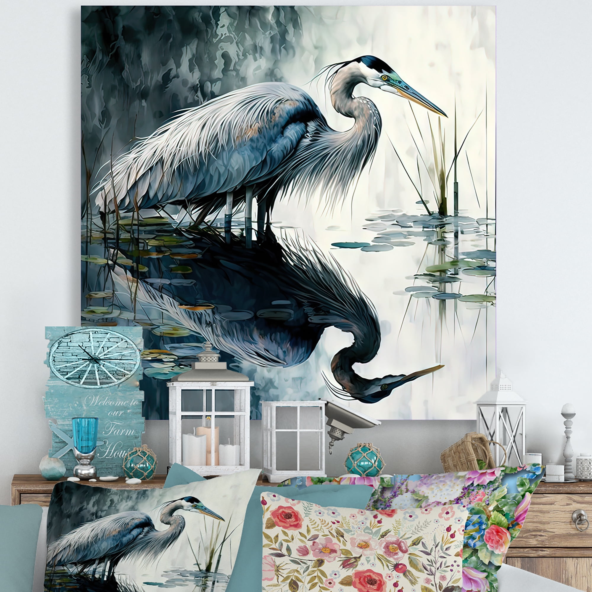 Designart Cute Heron In A Lake Floral Art IV Canvas Wall Art