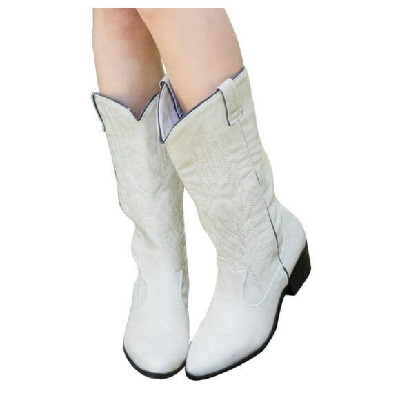 Leozcaa Cowboy Boots for Women Square Toe Western Pull On Fashion Embroidered Mid Calf Cowgirl Boots