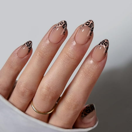 JIMEI Nude Base with Black French Tip Fake Nails, Medium Length Press-On Manicure