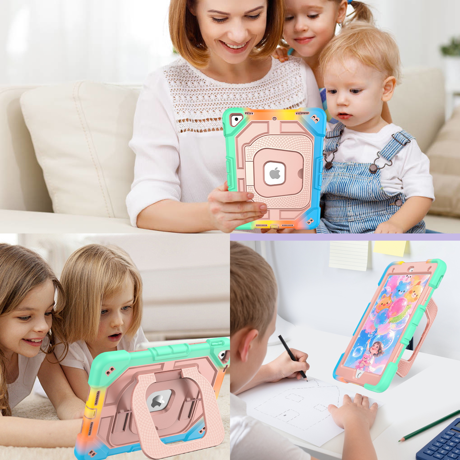 YINLAI iPad 9th Gen Case with Pencil Holder & Kickstand,Compatible with iPad 10.2 Case,Hybrid Shockproof Protective Case for iPad 9/8/7 Gen（2021/2018/2017）,Multicolor+Pink