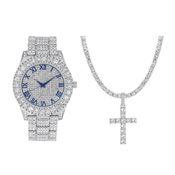 Charles Raymond Luxury Mens Iced Out Tennis Cross Necklace w/Diamond Quartz Wristwatch - Be Lit & Choose The Matching Blinged Out Cuban ZZ Bracelet Set - (24", ST10327RN SLV Blue #R 2pc Set)