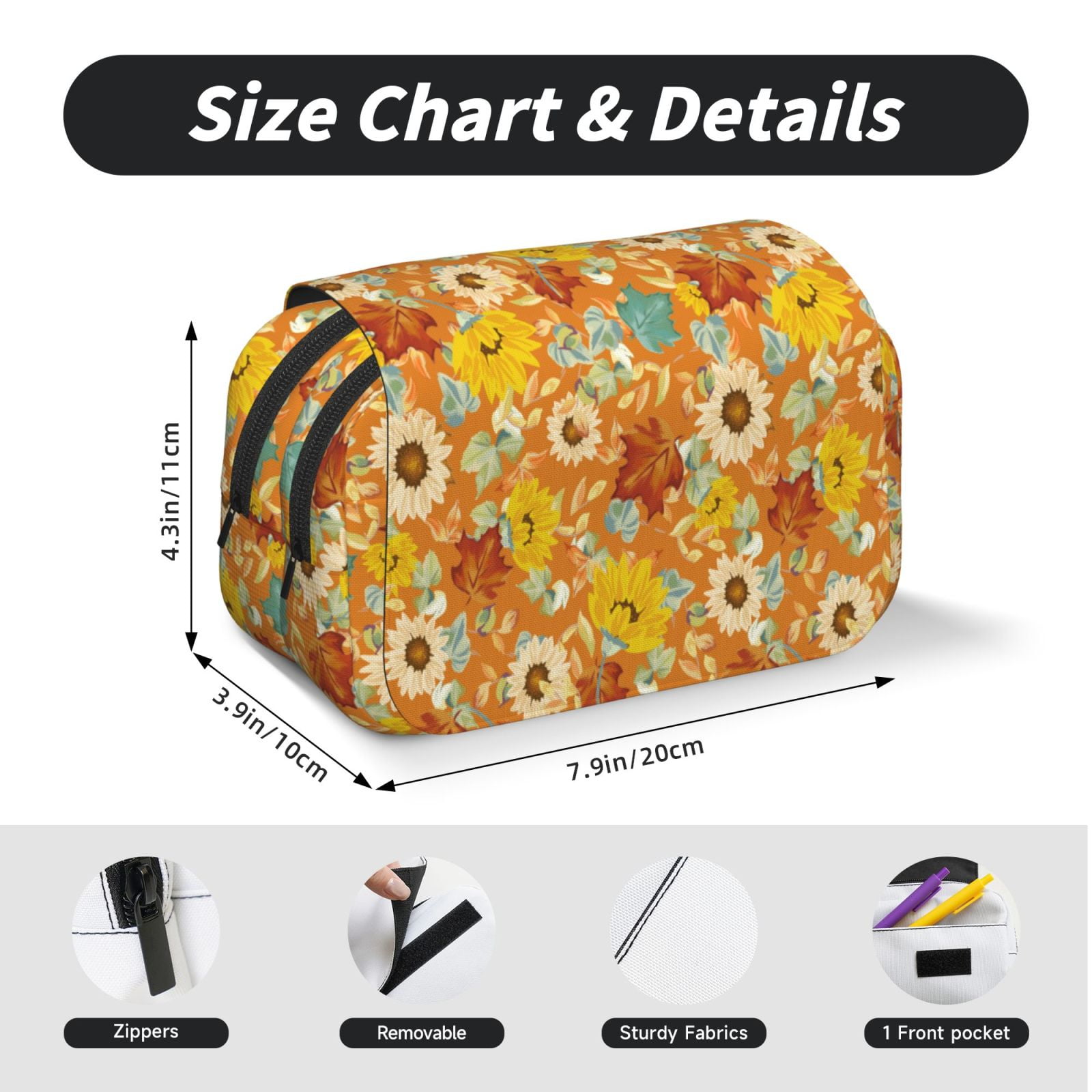 Rateoe Daisy maple fall Pattern Double Clamshell Pen Case, Storage Organizer with Two Zipper Compartments– Holds Up to 50 Pencils & Pens