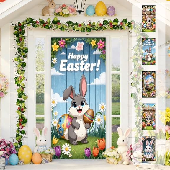 Easter Door Cover Decoration Easter Bunny Eggs Door Curtain Wall Hanging Banner for Easter Outdoor Porches and Party Decorations,90x180cm/35x72in
