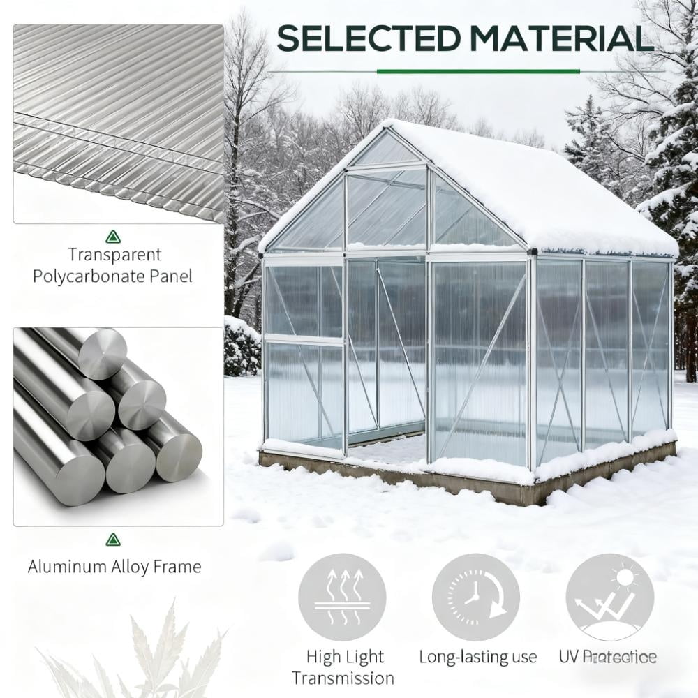 6x6 FT Greenhouse, Easy Assembly Polycarbonate Greenhouses with Adjustable Roof Vent, Large Aluminum Walk-in Greenhouse with Sliding Door, Silver