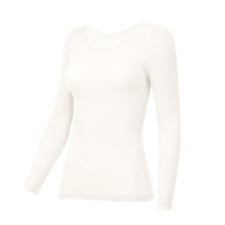 

Women Round Neck Thermal Top Baselayer Underwear Silky Shirt Soild Color Slim