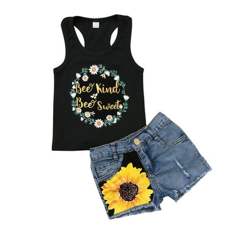 Denim T-shirt Jeans Toddler Kids Baby Girl Sleeveless T-Shirt Top Vest +Sunflower Denim Jeans Shorts Pants Outfits Black 1-2 Years ()