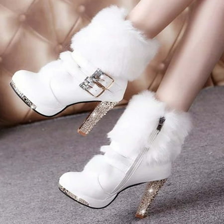 

Fashion Women High Heels Zipper Plush Keep Warm Snow Short Boots Round Toe Shoes