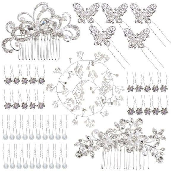 48 Pieces Wedding Hair Comb Hair Pins Set, FULANDL Faux Crystal Pearl Bridal Hair Accessories, Rhinestone Bridal Side Combs U-shaped Butterfly Flower Hair Clips for Women Girls