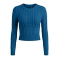 thumbnail image 6 of Bzdzmqm Women's Cropped Cable Knit Sweater Slim Fit Crew Neck Long Sleeve Ribbed Cuffs Hem Cozy Fall Winter Office Daily Wear, Blue 2XL, 6 of 9