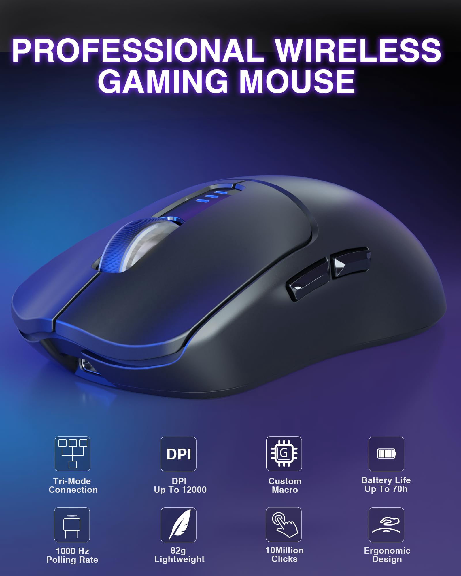 Sc580 Wireless Gaming Mouse  Tri-mode 2.4g/bt5.0/usb-c 12000 Dpi Rechargeable With 6 Buttons Computer For Laptop/pc/mac/tablet