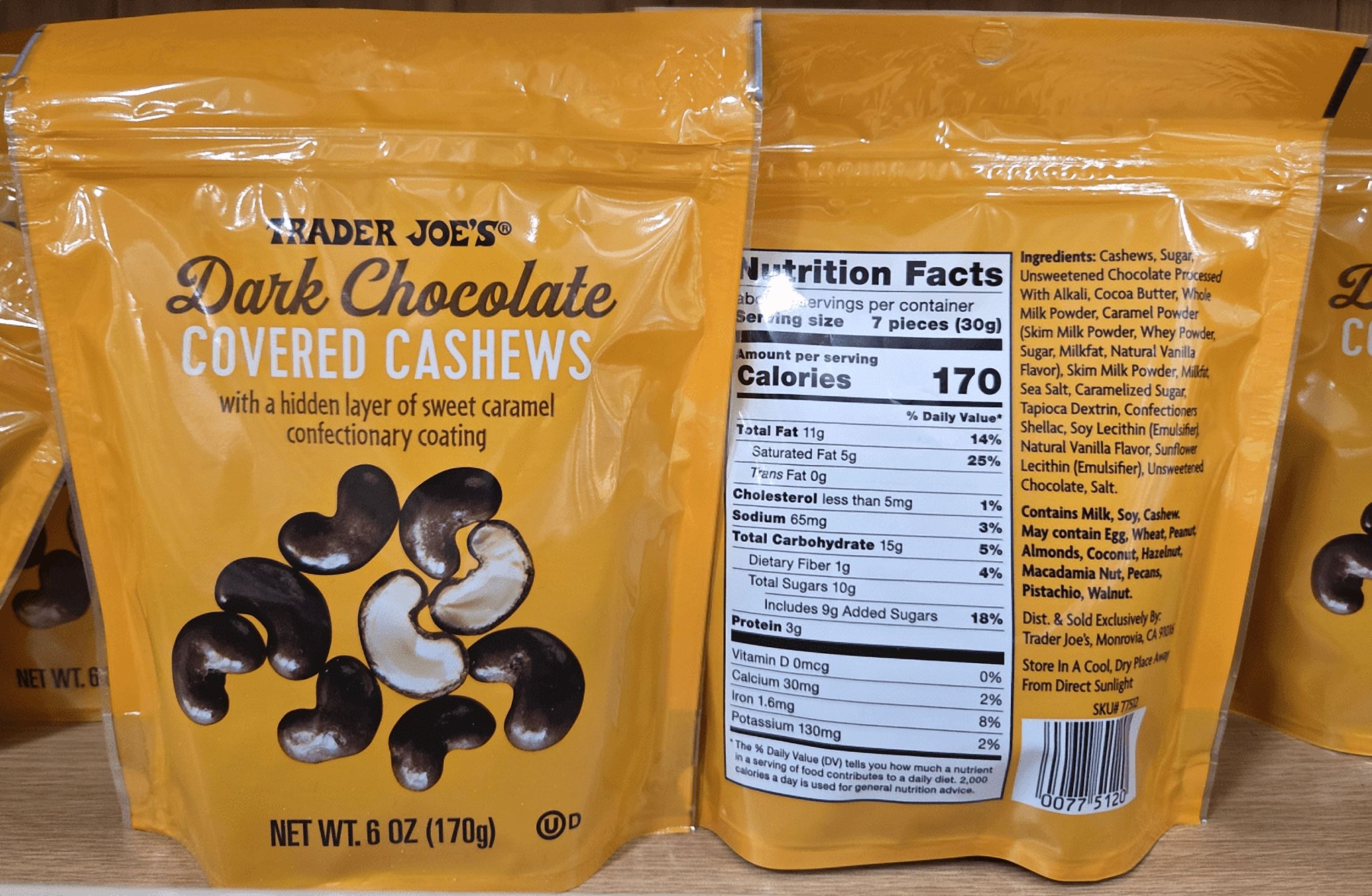 Trader Joe's Dark Chocolate Covered Cashews 6oz 170g (2 Bags)