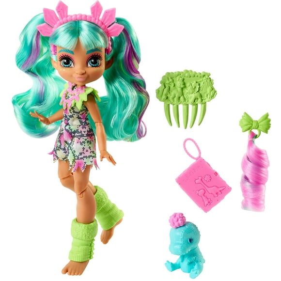 Mattel Cave Club Rockelle Doll (8-10-inch, Teal Hair) Poseable Prehistoric Fashion Doll with Dinosaur Pet and Accessories, Gift for 4 Year Olds and Up