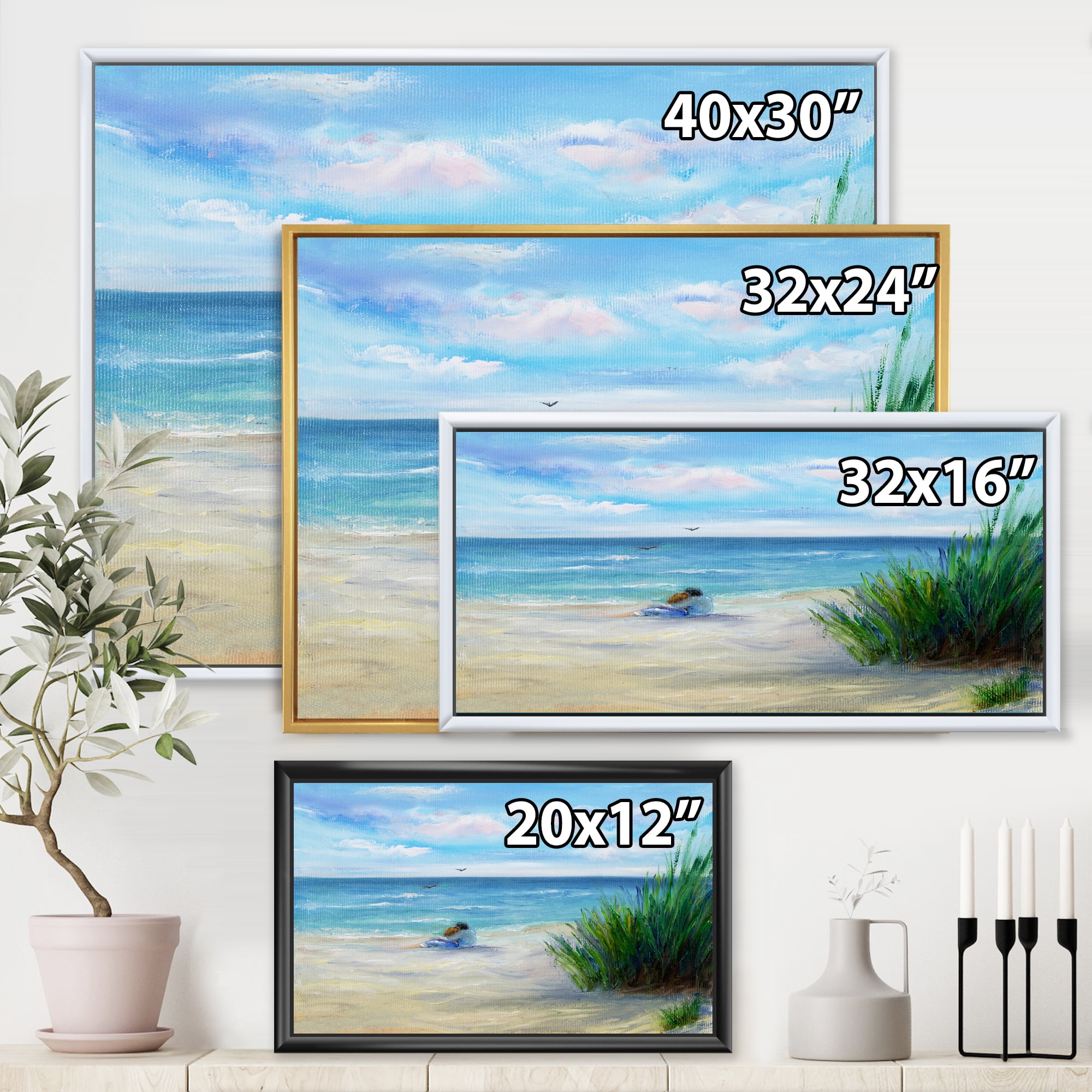 Designart 'Couple Sitting In Love By The Beach' Nautical & Coastal Framed Canvas Wall Art Print
