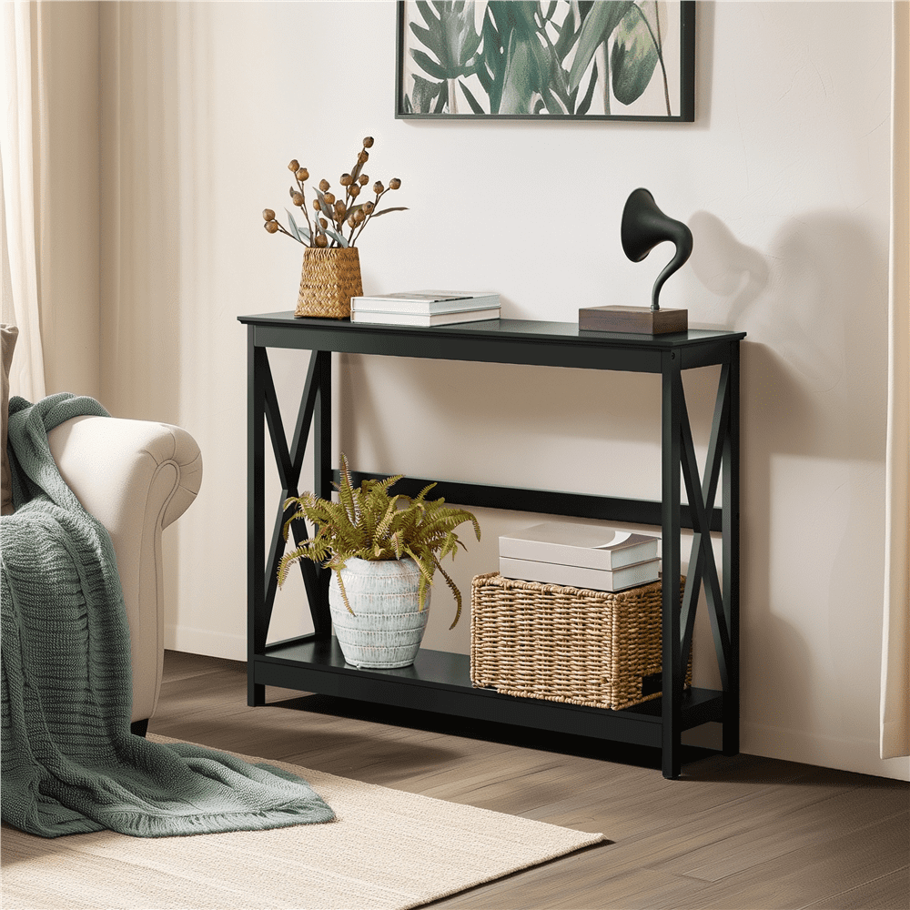 Yaheetech 2 Tier X Design Entryway Console Table with Storage Shelf Living Room, Black