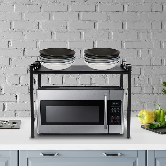 DENEST Heavy-Duty Adjustable Height & Width 2-Tier Microwave Oven Rack with Sturdy Carbon Steel, Space-Saving