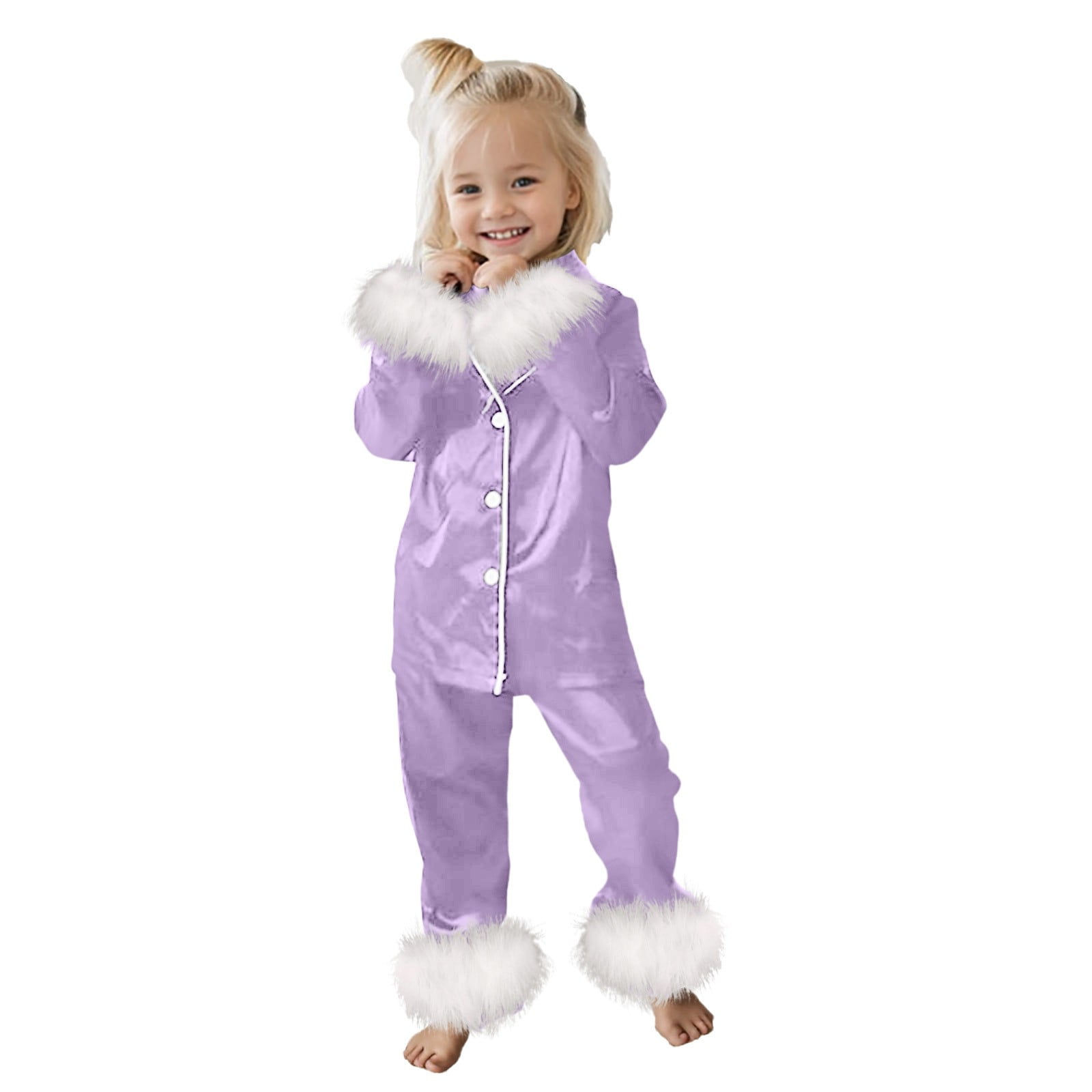 newwalpole Kids Toddler Girl Satin Pajamas Fuzzy Trim Long Sleeve Button Down Shirt Top and Pants 2pcs Pjs Sets Sleepwear Purple for Size 5-6 Years