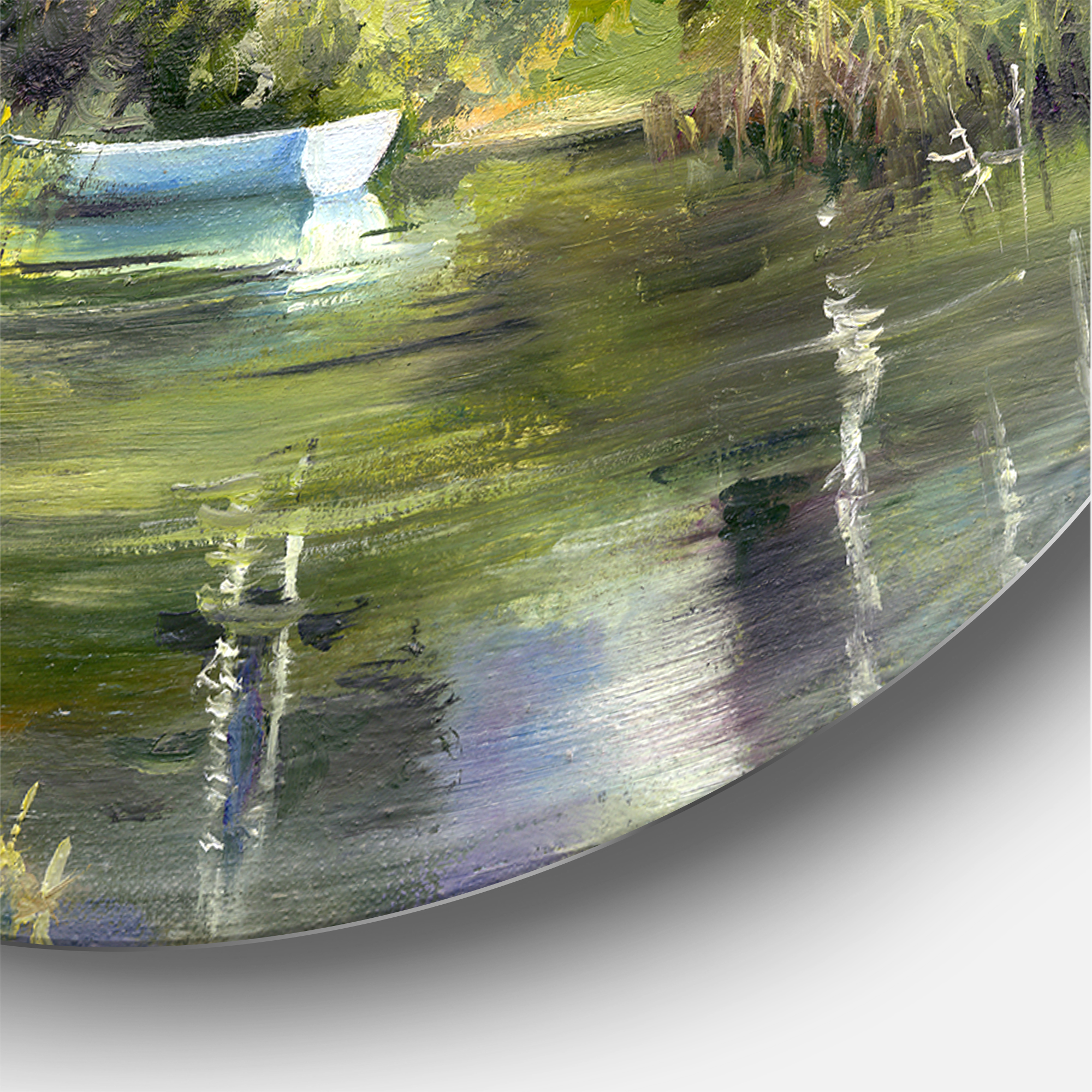 Designart 'The Wood River With Boat On A Decline By The Castle' Lake House Circle Metal Wall Art 36x36 - Disc of 36