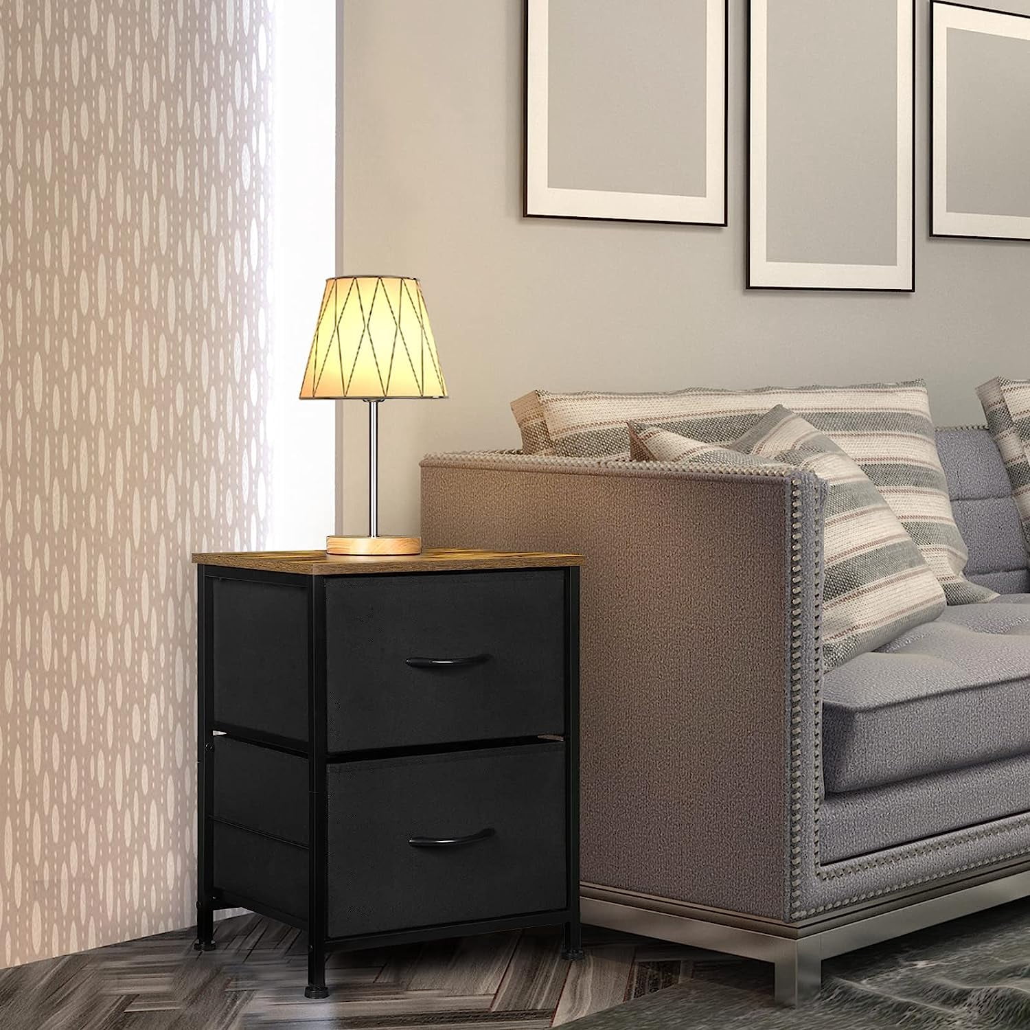 Small Nightstand Dresser, 2 Drawer Fabric Storage Bins Organizer, Black