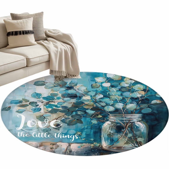 Blue Teal Spring Floral Large Area Rugs for Bedroom Living Room, Soft Non Slip Carpet Bedside Rug, Modern Botanical Oil Painting Art Round Floor Cover Kitchen Accent Rug 3.3' for Dining Room/Office