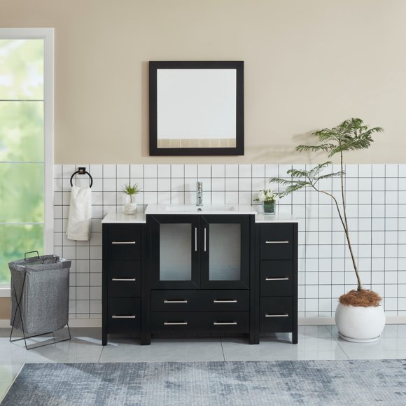 Vanity Art 54 in. W Single Sink Bathroom Vanity with Ceramic Top and Free Mirror