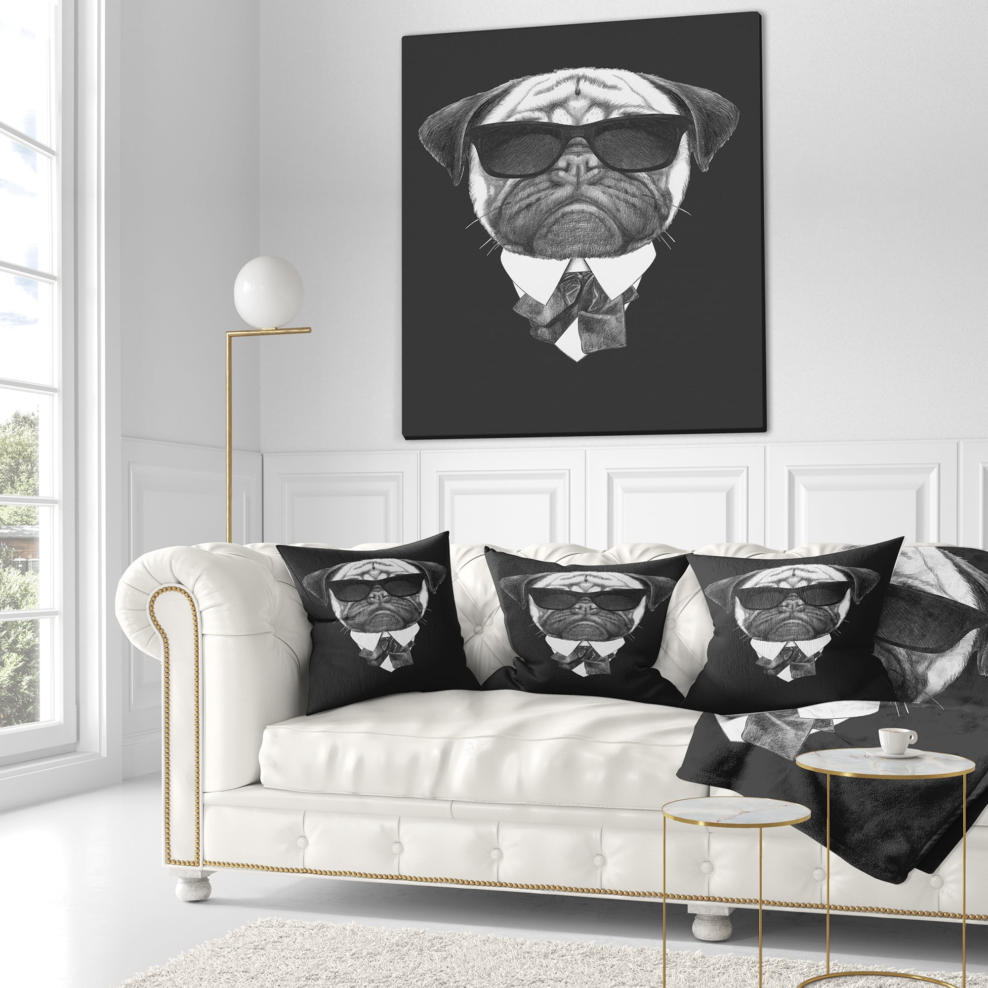 Designart Pug Dog Portrait in Suit - Animal Throw Pillow - 16x16