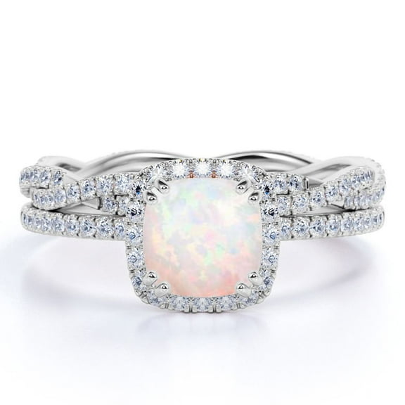 JeenMata 2 ct Cushion Cut Real Opal and Moissanite Bridal Ring Set in 18K White Gold over Silver